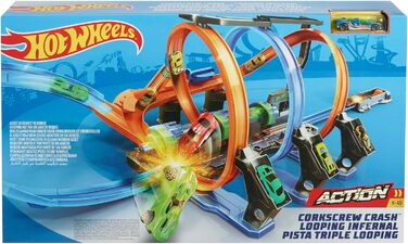 Гоночний трек Hot Wheels зі штопором, з моторизованими прискорювачами, 3 петляючими доріжками і поворотами, в т.ч. 1 іграшкова машинка, іграшка, іграшка від 5 років, набір для треку FTB65