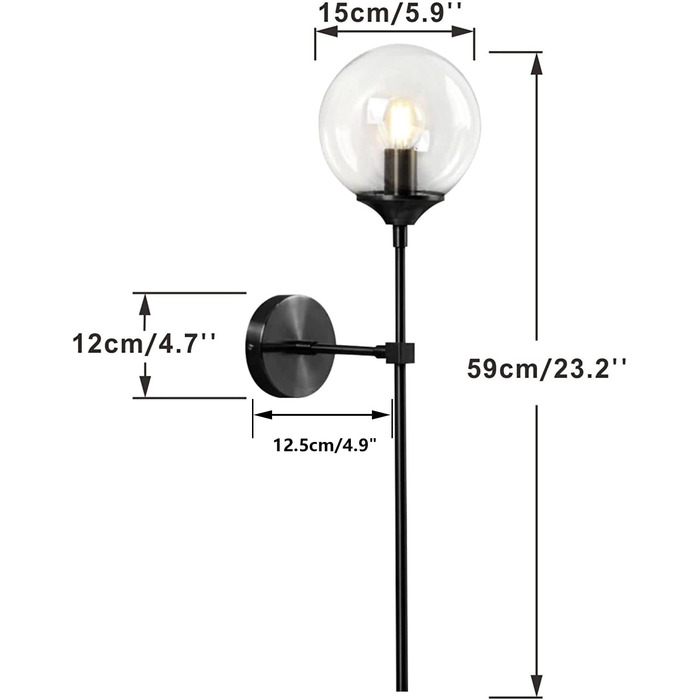 Настінний світильник KCO Lighting Mid Century, круглий, прозоре скло, глобус, мінімалістичний, вузький, настінний світильник для передпокою, сходів, дзеркала у ванній чорно-прозорий