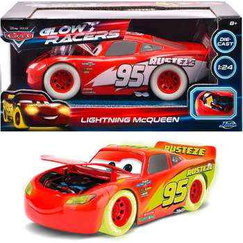 Машинка Glow Racers Блискавка МакКвін (21 см) від Disney Pixars Cars - іграшкова машинка для дітей віком від 8 років, світиться в темряві, металева модель машинки, масштаб 124, червона