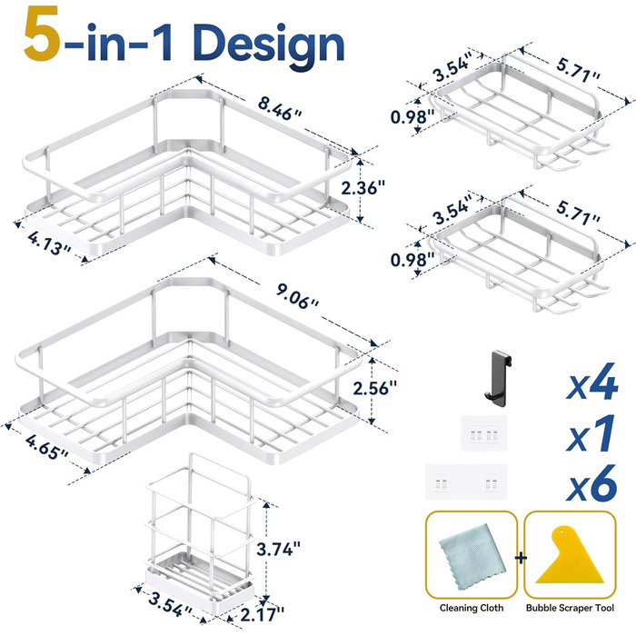Кутова полиця для душу, 5 шт. , кутова полиця для душу з 12 гачками, зберігання для душу з нержавіючої сталі для внутрішніх душових, без свердління, кутовий органайзер для душу, велика місткість, кутові полиці для душу, білі, 5 шт. , білі