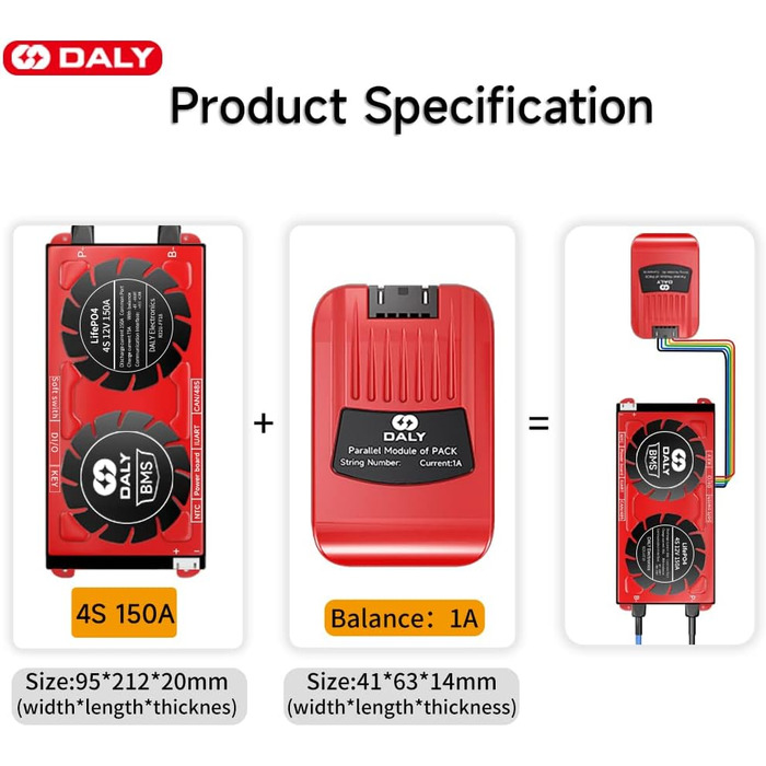 Паралельний модуль DALY BMS 1 A з вентилятором Smart BMS LiFePo4 8S 24 В 250 А та портом CAN, Smart BMS Bluetooth ключ для літієвих акумуляторів 3,2 В, інвертора, ДБЖ та системи домашнього зберігання (Lifepo4 4S 12V CAN BT, 150AParallel Module1A)