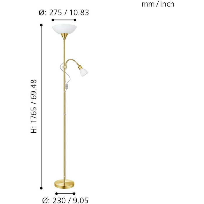 Торшер EGLO Up 2, 2-полум'яний торшер, торшер з металу, скла та пластику, світильник для вітальні в сріблястому, білому кольорі, світильник з вимикачем, стельовий умивальник з лампою для читання, E27, E14 (латунно-матовий)