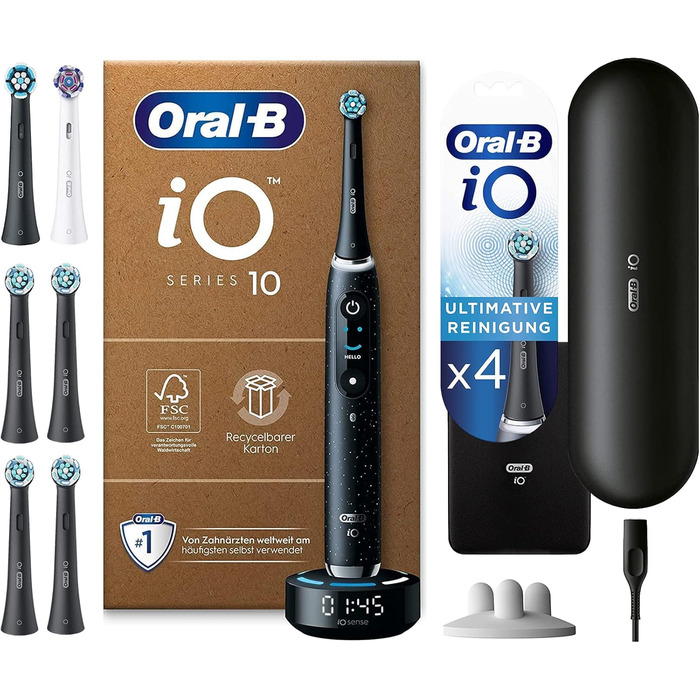 Електрична зубна щітка/електрична зубна щітка Oral-B iO Series 10 Plus Edition, ПЛЮС 3 щітки 4 щітки для прибирання Ultimate, магнітний футляр, 7 режимів чищення, упаковка, що підлягає переробці, чорний