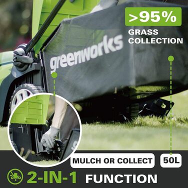 Акумуляторна газонокосарка Greenworks 40 В для площі до 500 м, ширина зрізу 41 см, 50-літровий мішок ПЛЮС два акумулятори 40 В 2 Ач із зарядним пристроєм, 3-річна гарантія-G40LM41K2 шт. В комплекті 2 акумулятори 2 Ач