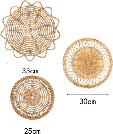 Набір декору підвісних настінних кошиків HLTER з 3 шт. , декоративні настінні кошики в стилі бохо ручної роботи круглі натуральні плетені настінні прикраси з ротанга для домашнього настінного дисплея, хакі