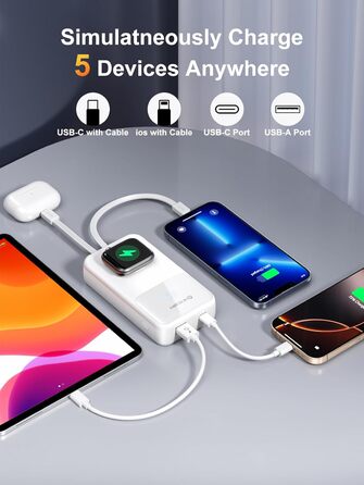 Для Apple Watch & для iPhone Зарядний пристрій 20000mAh Бездротова зарядна станція Power Bank, швидка зарядка Зовнішній акумулятор Портативний дорожній акумулятор для iPhone 15/14/13/12, для iWatch Ultra/9-1