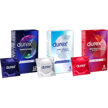 Презервативи Durex Performa 12 шт. - Durex Hautnah Classic 8 шт. - Презервативи Durex Extra Moist 8 шт. - Пробний набір Durex Mix