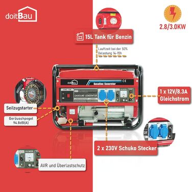 Бензиновий генератор електроенергії doitBau 3000W BS3500 з генератором максимальної потужності 3 кВт і генератором аварійного живлення 7 к.с. 4-тактний стабілізатор напруги та захист від перевантаження з функцією Pull Start