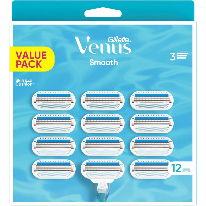 Леза бритви Gillette Venus Smooth для жінок, 12 змінних лез для жіночих бритв з 3 лезами, що підлаштовуються під контур тіла, оточені захисними подушками