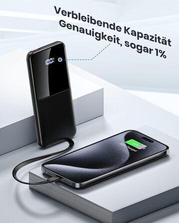 З кабелем USB C Powerbank Швидка зарядка 22,5 Вт PD3.0 QC4.0 Зовнішній акумулятор мобільного телефону з 4 виходами, портативний зарядний пристрій Світлодіодний дисплей Сумісний з iPhone, Huawei, Samsung тощо Чорний, 10000mAh