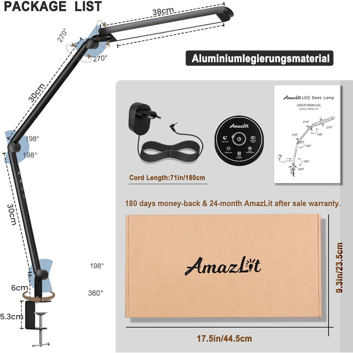 Настільна лампа AmazLit, Світлодіодна настільна лампа Настільна лампа з регулюванням яскравості Затискна, Настільна лампа 12 Вт Поворотний кронштейн Лампа архітектора Плавне затемнення та колірна температура, Офісна лампа Час 12,0 Вт