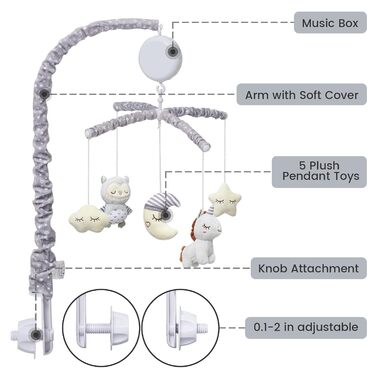 Мобільне дитяче ліжечко з музикою, Дитяче ліжечко Іграшка Електрична дитяча мобільна дівчинка Хлопчик, Дитячі мобілі для ліжка, Пеленальний столик, ліжечко, сірий