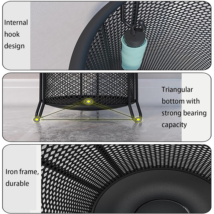 Підставка для парасольок HUHJYUGE Modern, Підставка для парасольки Парасолька металева з гачком Піддон для крапель води, Сучасна полиця для зберігання парасольки Сітка оптика, для передпокою та офісу (чорний) Чорний