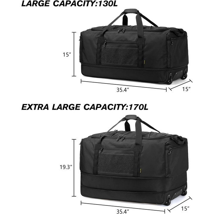 Складна дорожня сумка на колесах Large XXL 130-170L Розширювана сумка для ручної поклажі на вихідні з колесами Чоловіки Жінки Сумка на колесах з додатковим об'ємом для кемпінгу 36''/90см, чорна