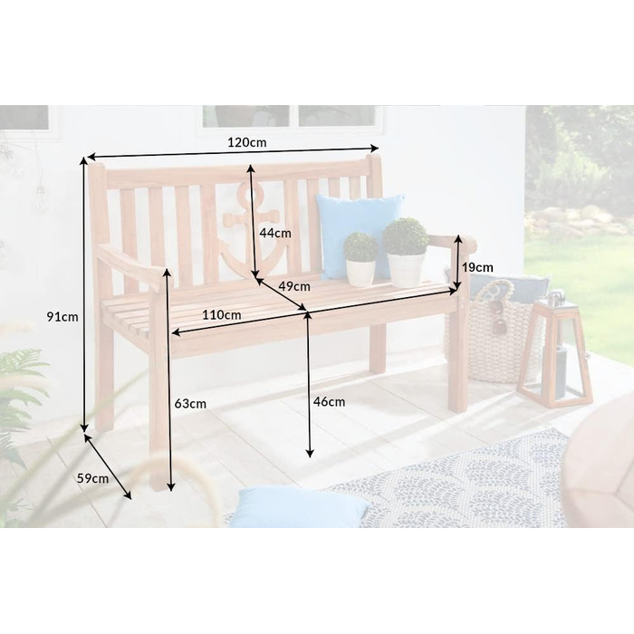 Садова лавка Riess Ambiente з масиву EMPIRE TEAK 120см Тик з дизайном якоря Лавка Садова тераса Тикова дерев'яна лавка з якорем