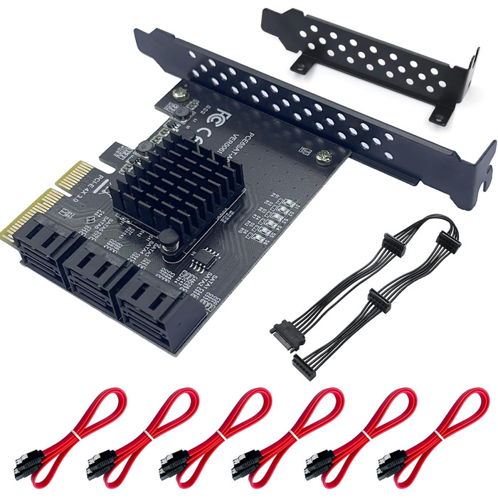 Карта 6 портів, 6 Гбіт/с 4 шт. SATA 3.0 PCIe карта, PCIe до SATA контролера плата розширення без рейду з 6 кабелями SATA низькопрофільний кронштейн, Plug and Play Windows, Linux система ASM1166 чіп 6 портів 4x-чорний