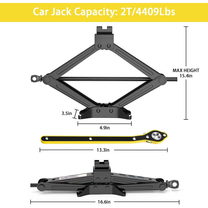 Набір ножичних домкратів із храповим подовжувачем кривошипа з потовщеною сталевою пластиною, портативний домкрат для легкових автомобілів, вантажівок, седанів, фургонів, MPV. (2T)