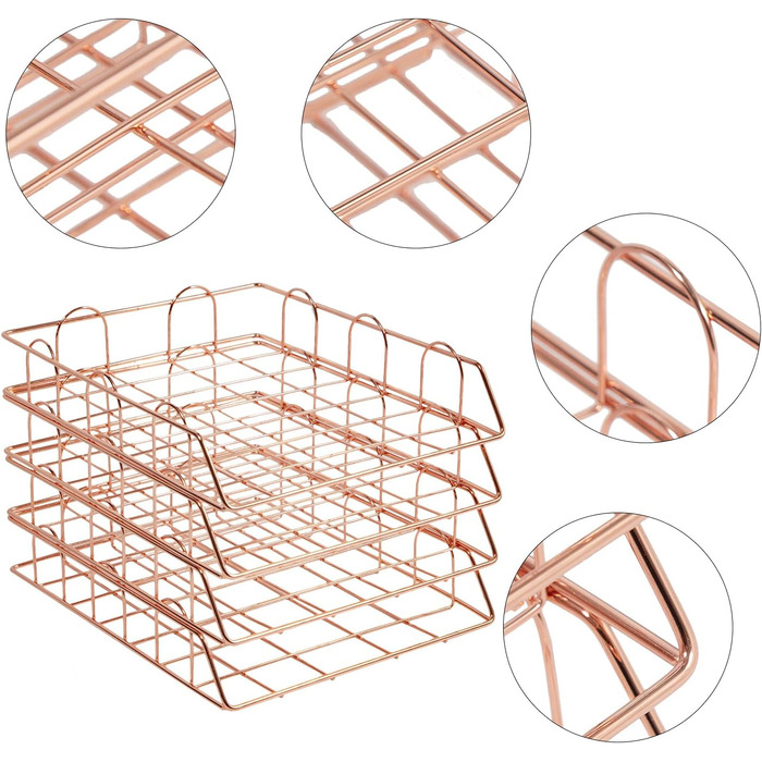 Лоток для листів A4 Лоток для паперу Відсіки для зберігання Штабельований стіл Офісний органайзер Лоток для документів, сучасний металевий лоток у свіжому дизайні, настільний лоток із 4 частин (рожеве золото)