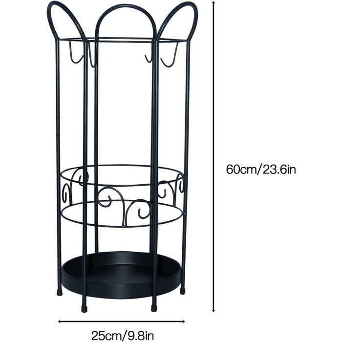 Підставка для парасольки з металу, Кругла підставка для парасольки, Тримач для парасольки універсальний, з 3 гачками та дощовиком, Окремо стояча підставка для парасольки, 60 x Ø 25 см (чорна)