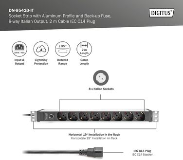 Подовжувач живлення DIGITUS 19 - - 1U - 250 В змінного струму - 50/60 Гц - 16 А - 4000 Вт (8 кранів, попередній запобіжник, ІТ-версія)