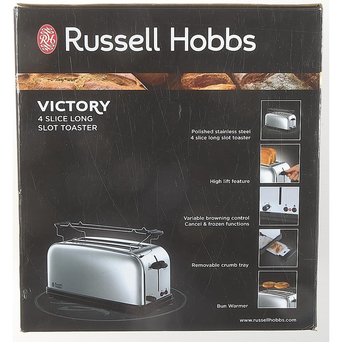 Тостер Russell Hobbs 2-слотовий довгий слот для 4 скибочок/2 широких скибочок хліба Victory Stainless Steel (надзвичайно широкі отвори для тостів, насадка для булочки, 6 рівнів підрум'янювання функція розморожування та розігріву) 23520-56