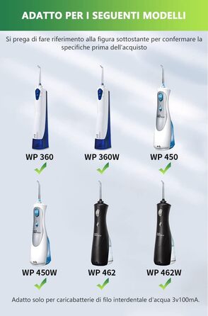 Зарядний пристрій Bouge Flosser для води Waterpik WF-13CD010, WP-100-450, WP-112-462, WP-360, WP-440, WP-465, WP-468 Cordless Plus Water Flosser Кабель для зарядки шнура живлення