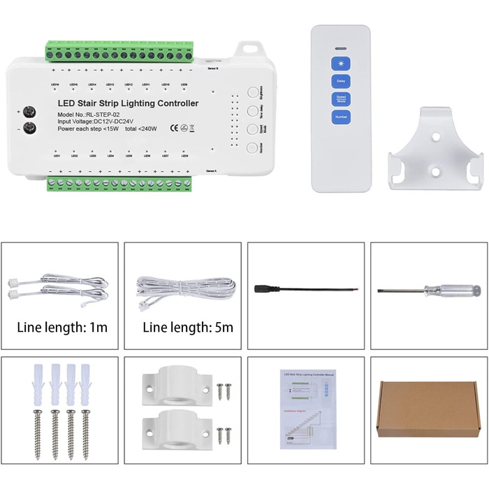 Контролер освітлення сходів з детектором руху, контролер світлодіодної стрічки від 12 В до 24 В, з функціями затримки яскравості, швидкості та часу (дев'ять моделей, до 16 світлодіодів, з дистанційним керуванням)