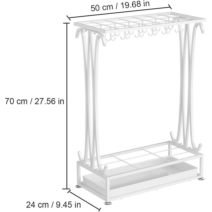 Дуже велика біла металева на 21 отвір Прямокутна підставка для парасольки Тримач для палиць з 24 гачками та вільним нижнім лотком для витоку дощової води 70*50*24см 70x50x24см білий, 23