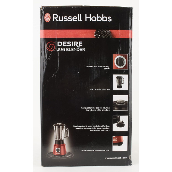 Міксер Russell Hobbs скляний контейнер 1,5 л Desire Red (потужний двигун 0,9 к.с., функція імпульсу/подрібнення льоду, ніж з нержавіючої сталі, блендер без бісфенолу А, електричний подрібнювач, смузі-машина) 24720-56