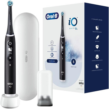 Електрична зубна щітка/електрична зубна щітка Oral-B iO Series 6, 5 режимів чищення для догляду за зубами, магнітна технологія, дисплей і дорожній кейс, подарунок чоловікові/жінці, дизайн Braun, чорна лава