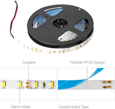 Однотонна гнучка світлодіодна стрічка високої щільності 5M 300LEDs Природний білий 30 Вт 12 В світлодіодна стрічка з можливістю затемнення для спальні Домашня шафа Освітлення Прикраса IP30 Неводонепроникний (теплий білий, IP30 неводонепроникний), 5630SMD