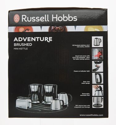 Чайник Russell Hobbs 1,0 л Adventure з нержавіючої сталі (2400 Вт, функція приготування під тиском, знімний фільтр з лаймом, зовнішній індикатор рівня води, маленький туристичний чайник) Чайник для чаю 24991-70 маленький, 1,0 л Нержавіюча сталь полірована