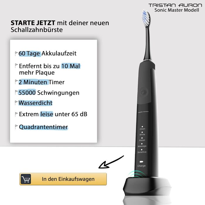 Звукова зубна щітка - 55 000 VPM - 5 режимів - 60 днів, батарея кейс з УФ-дезінфекцією 6 запасних щіток і 2 очисники язика - Ультразвукова електрична зубна щітка - Tristan Auron SonicMaster в чорному кольорі