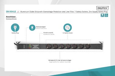 Подовжувач живлення DIGITUS - - Вертикальний монтаж у стійку - 250 В змінного струму - 50/60 Гц - 2 шт. 16 А - з (захист від перенапруг, 7 кранів, 24,4 дюйма)