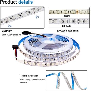 Світлодіодна стрічка Tesfish 24V RGB, 5M світлодіодна стрічка SMD 5050 IP20 Всього 600 світлодіодів Світлодіодна стрічка зі зміною кольору Світлодіодна стрічка Світлодіодна стрічка для спальні, кухні, рекламного оформлення