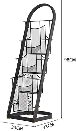 Окремо стояча стійка для журналів, підлоговий органайзер для рекламних матеріалів, залізна стійка для журналів, для виставок, торгових центрів (чорна, 33 x 33 x 98 см) Black 33x33x98cm