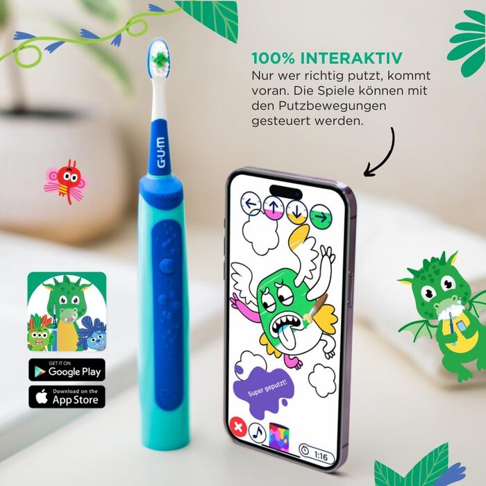 Електрична зубна щітка GUM Playbrush KIDS 3 Інтерактивний ігровий додаток 2 режими очищення Дуже м&39яка щетина Батарея на 8 тижнів Таймер звукова зубна щітка, акумуляторна 2 додаткові насадки для щіток Синій