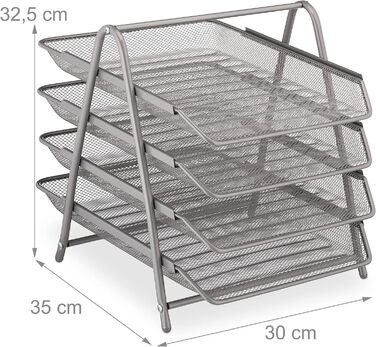 Лоток для документів Relaxdays, лоток для паперу формату A4, 4 відділення, 32,5 x 30 x 35 см, сітчастий дизайн, офісний лоток, срібло