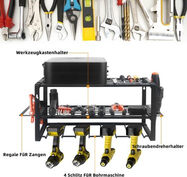 Стелаж для інструментів, настінна гвинтова полиця для інструментів, 3-шарове сховище для інструментів з 4 слотами для електрики, свердла, придатні для організації обладнання майстерні