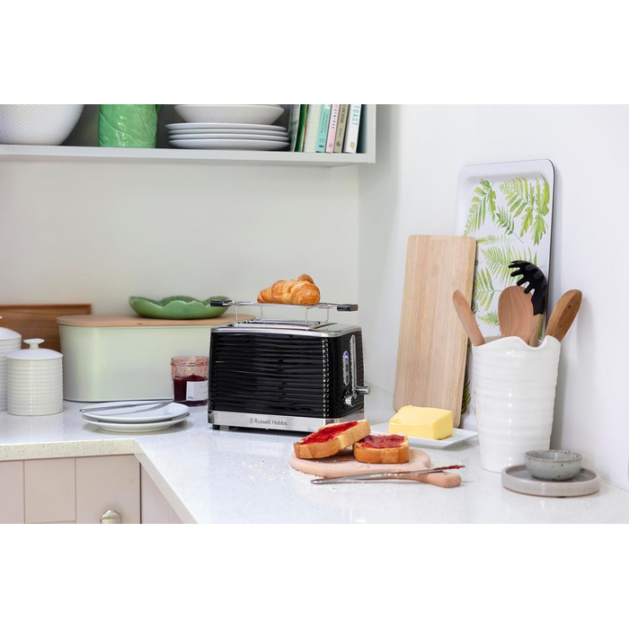 Тостер Russell Hobbs на 2 скибочки Inspire Black з високоякісною глянцевою структурою (надзвичайно широкі отвори для тостів, включаючи насадку для булочки, 6 рівнів підрум'янювання функція розморожування та підігріву) 24371-56