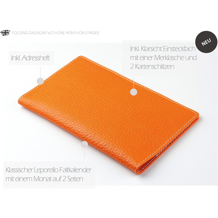 Персоналізований складаний календар 2024/2025 DIN A6 Soft Grain Leather Orange - Організатор Planner (1 місяць, 2 сторінки) Шкіряна обкладинка - Календар зустрічей Щомісячний огляд & Адресна книжка Small Orange Soft Grain