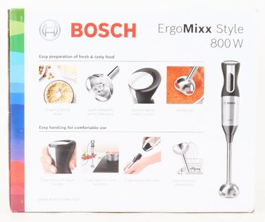 Ручний блендер Bosch ErgoMixx Style MS6CM4150, ніжка блендера з нержавіючої сталі, чашка для змішування та вимірювання, віночок, 4-лезовий ніж, ергономічний дизайн, 12 рівнів плюс турбо, 800 Вт, L-подрібнювач з нержавіючої сталі 500 мл