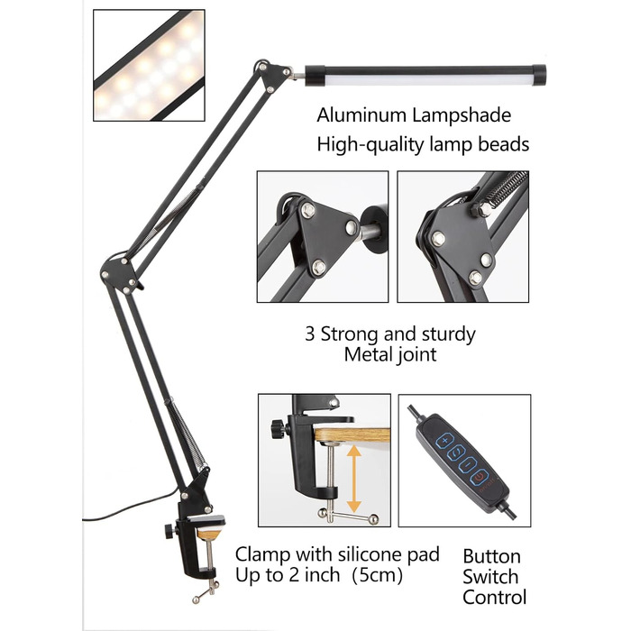 Настільна лампа LED, регульована поворотна настільна лампа із затискачем, настільна лампа з живленням від USB з регулюванням яскравості, легка для читання, 3 режими, 10 рівнів яскравості, функція пам'яті для дому, офісу