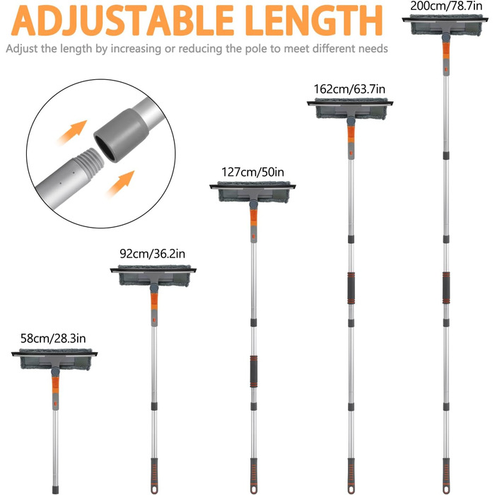 Засіб для чищення вікон, професійний ракель для миття вікон з поворотною головкою та телескопічною ручкою від 58 до 200 см, інструменти для миття скла для внутрішніх та зовнішніх високих вікон