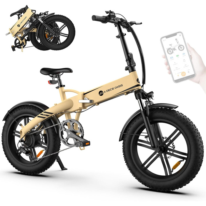 Шини ADO E-Bike A20F Beast Fat, складаний велосипед Pedelec, електронний велосипед, електричний велосипед 7 швидкостей, перемикач передач, акумулятор 522,00 Вт-год, ebike жінки, чоловіки, StVZO, акумулятор 36v 14,5Ah, E-Mountainbike жовтий