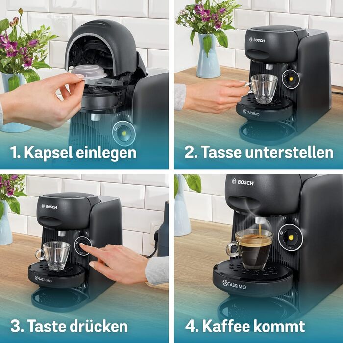 Капсульна машина Bosch Tassimo Finesse TAS16B7 кавоварка by, 70 напоїв, більш насичена кава одним натисканням кнопки, автоматичне вимкнення, ідеально дозована, компактна, 1400 Вт, чорна