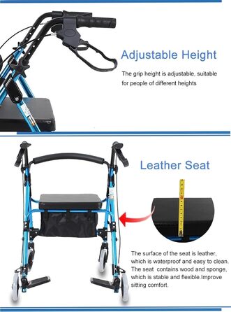 Міцні розбірні ходунки з сидінням, підставкою для ніг, гальмами та 6-дюймовими колесами, сині, портативні ходунки для людей похилого віку/інвалідів, для внутрішнього та зовнішнього оздоблення