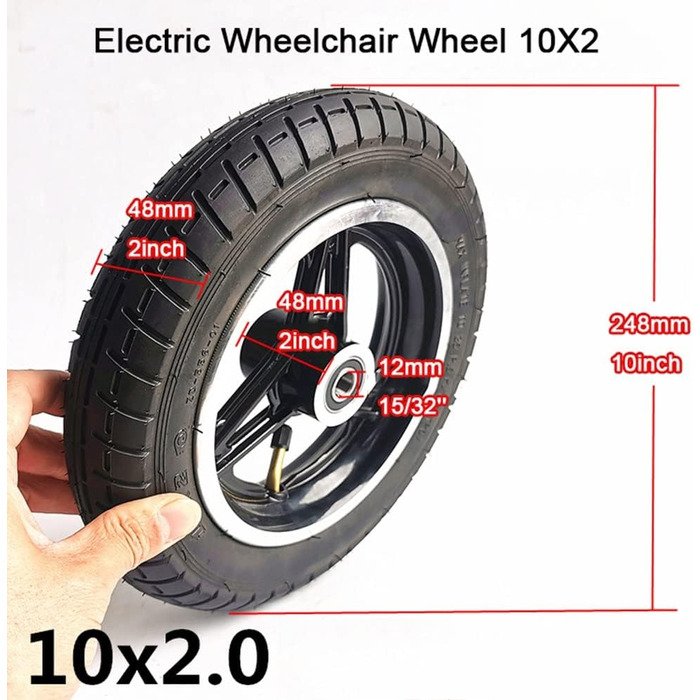 Передні колеса для інвалідного візка 10 дюймів, запасні колеса для електричних ходунків для інвалідних візків, зносостійкі, нековзні пневматичні шини, підшипник 12 мм (розмір 10 дюймів/248 мм (2 рахунки))