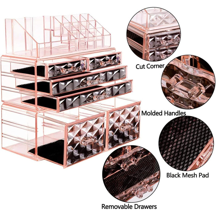 Органайзер для макіяжу, 3-компонентні акрилові ящики для зберігання косметики та коробка для демонстрації ювелірних виробів, прозорий ромбоподібний візерунок, для ванної кімнати, спальні, комод, туалетний столик, рожевий