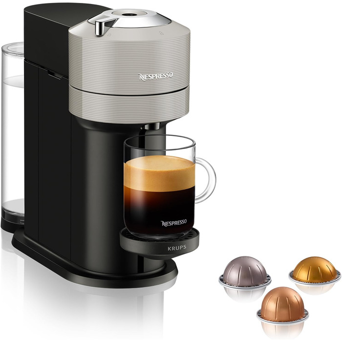 Машина Krups XN910B Nespresso Vertuo Next Кавова капсульна машина Кавоварка Nespresso Резервуар для води 1,1 л 6 розмірів чашок Функція вимкнення живлення 54 переробленого пластику Світло-сірий без піноутворювача молока